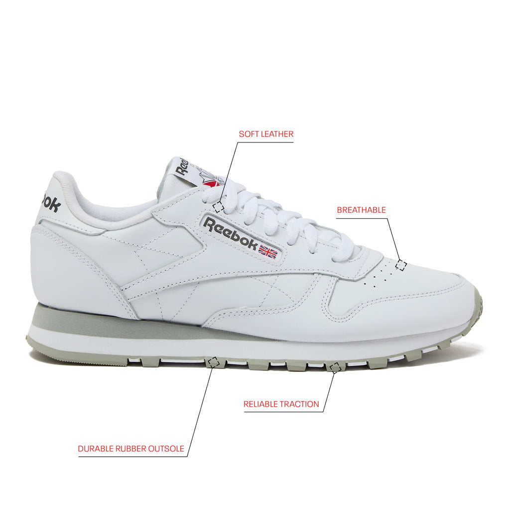 Reebok Classic Leather Sneakers for Men - Black or White Tennis Mens Shoes, Footwear White/Pure Grey3/Pure Grey, 18.5