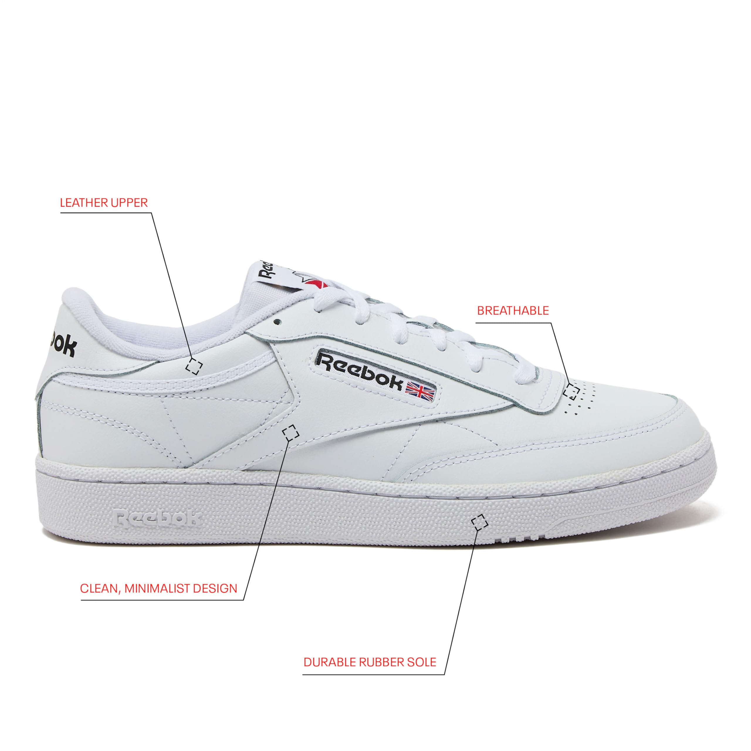 Reebok Club C 85 Mens Tennis Shoes, Casual Fashion White Sneakers for Men, Footwear White/Footwear White/Core Black, 7