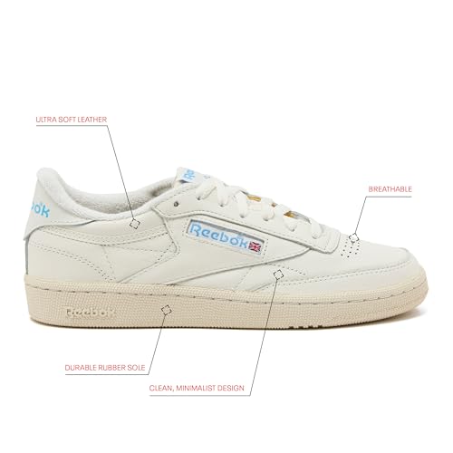 Reebok Club C 85 Vintage Tennis Sneakers for Women, Casual White Womens Shoes, Size 5 to 11 - Chalk/Alabaster/Sky Blue, 11 Medium