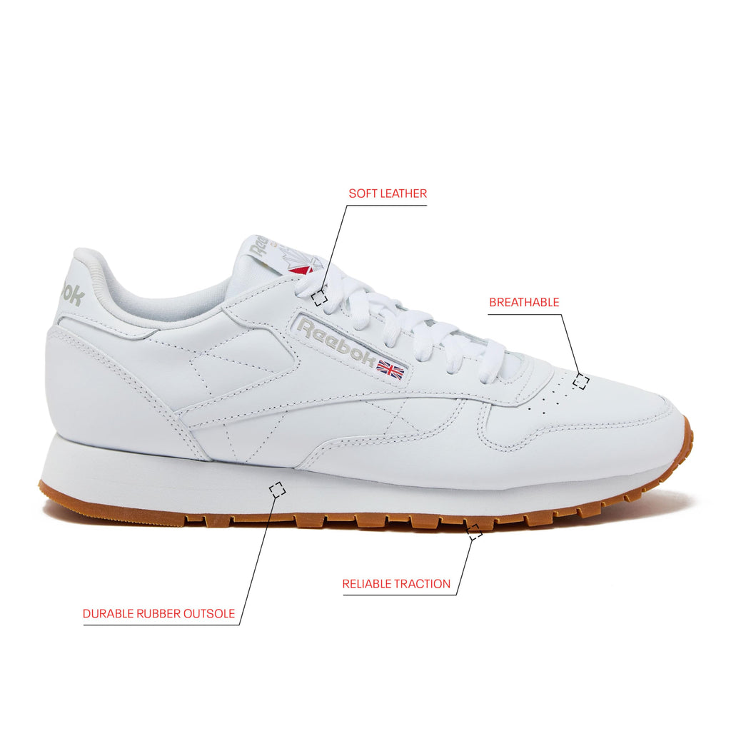 Reebok Classic Leather Sneakers for Men - Black or White Tennis Mens Shoes, Footwear White/Pure Grey3/Reebok Gum3, 11