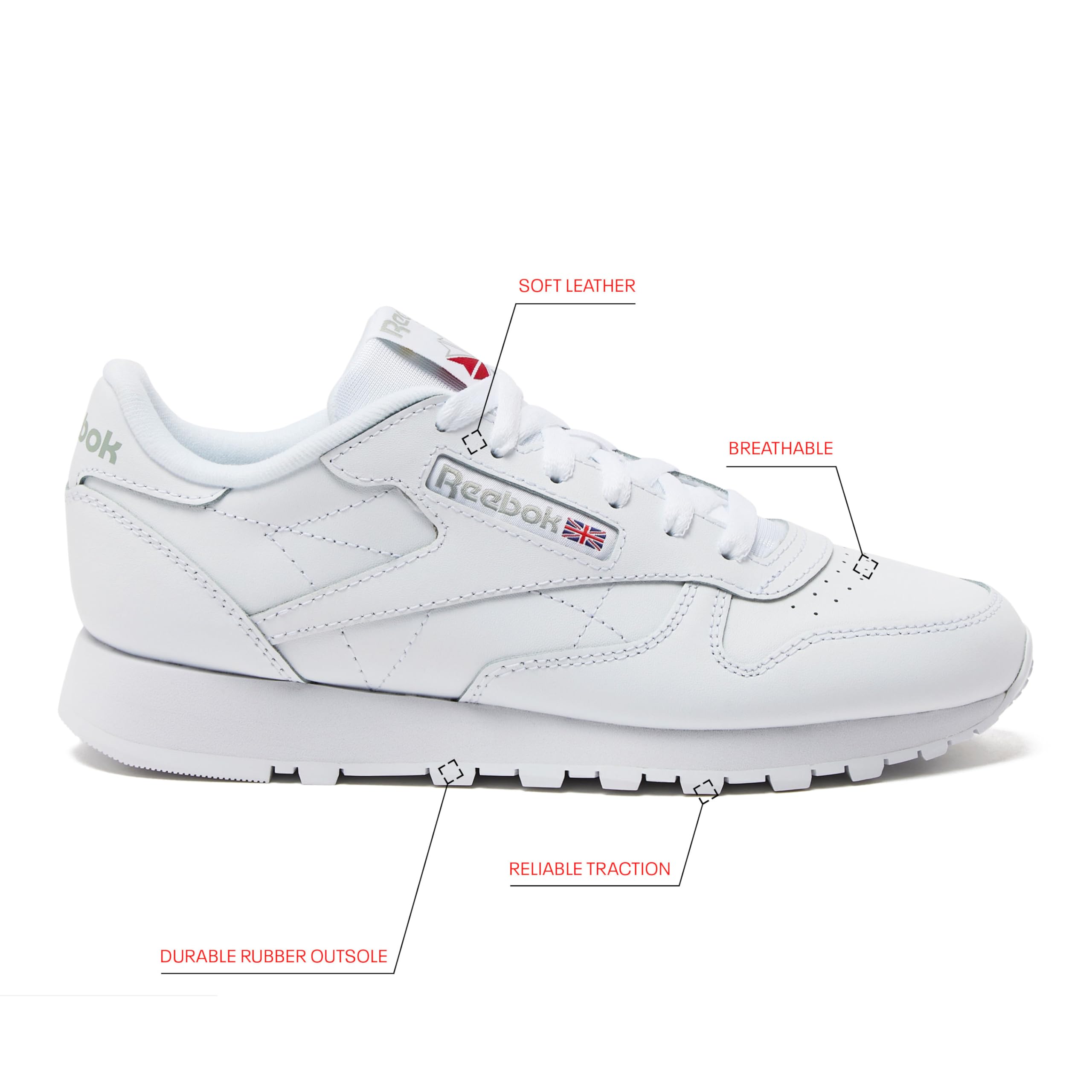 Reebok Classic Leather Sneakers for Men, Footwear White/Footwear White/Pure Grey3, 18.5