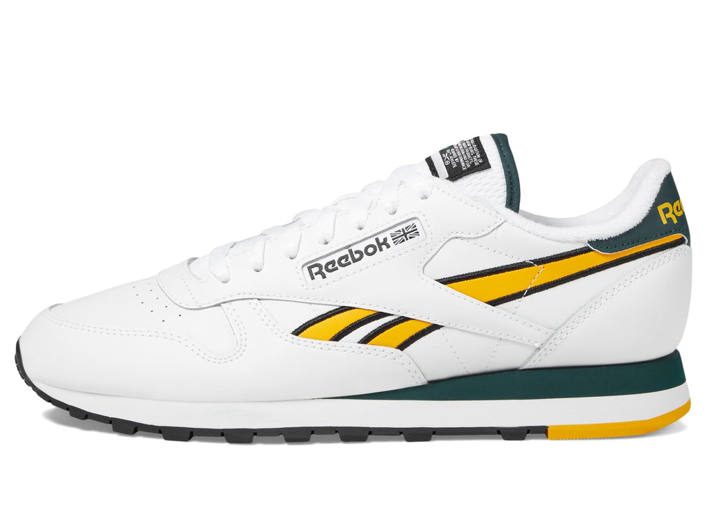 Reebok Unisex Classic Leather Sneaker, White/Fierce Gold/Collegiate Green, 12.5 Women/11 Men