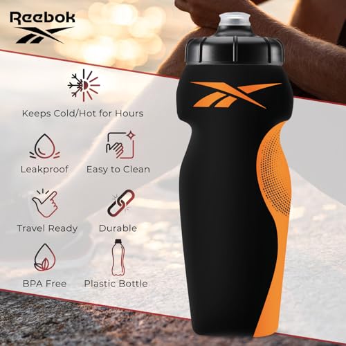 Reebok Athletic Squeeze Water Bottles - Water Bottle 24 oz - Sports Water Bottle - Reusable Water Bottle For Gym, Running, Hiking etc, BPA Free