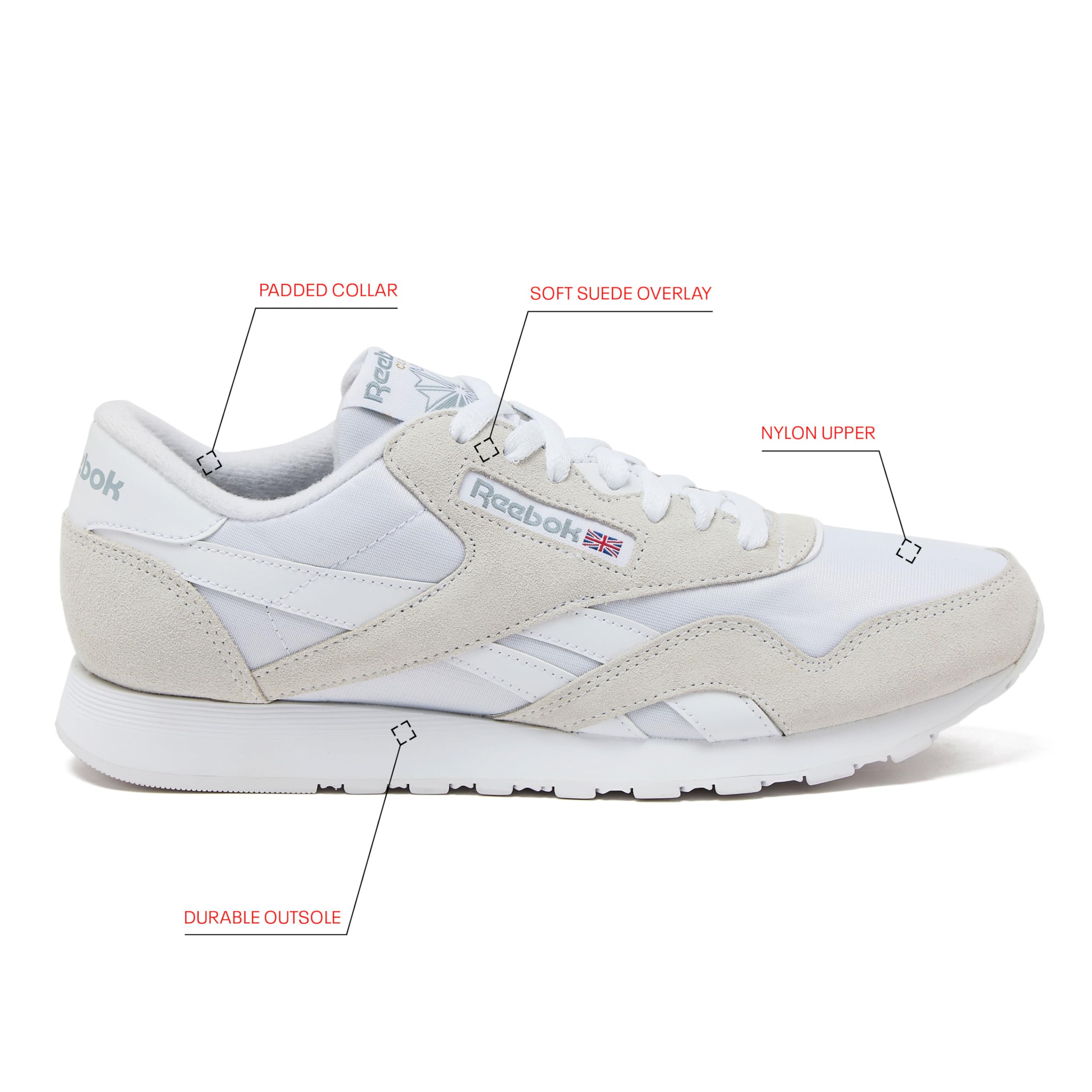 Reebok Classic Nylon Mens Sneakers Tennis Shoes, White/White/White, 9
