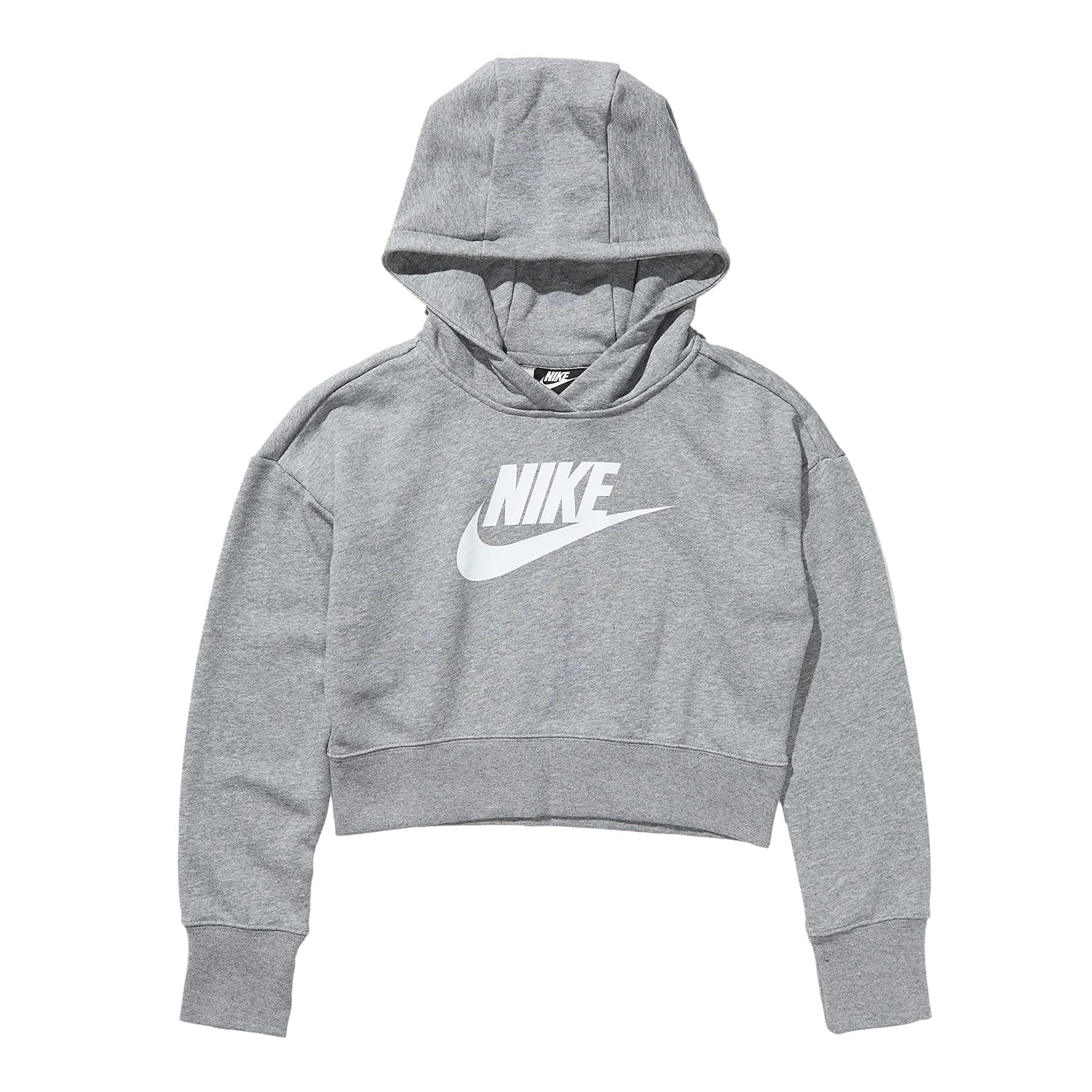 Nike Girl's Sportswear Club Fleece Crop Hoodie (Little Kids/Big Kids) Carbon Heather/White L (14-16 Big Kid)