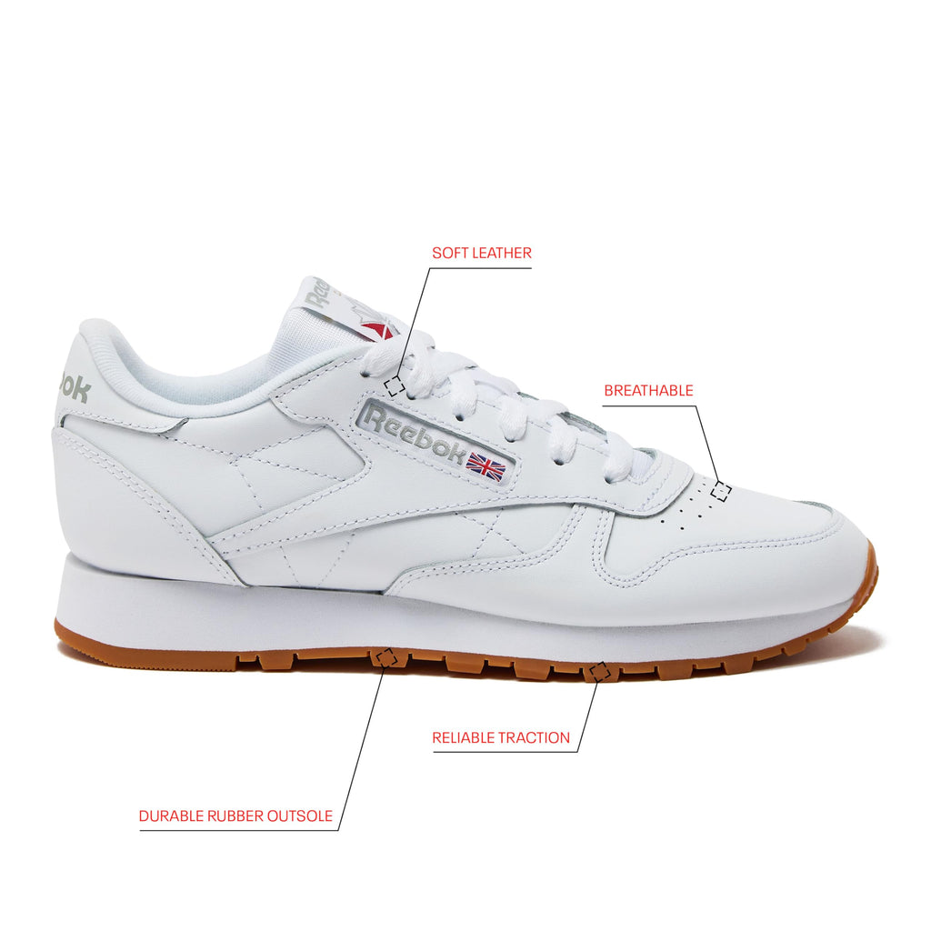Reebok Classic Leather Sneakers for Women - Black or White Tennis Shoes Womens Size 5 to 12, Footwear White/Pure Grey3/Reebok Gum3, 5.5