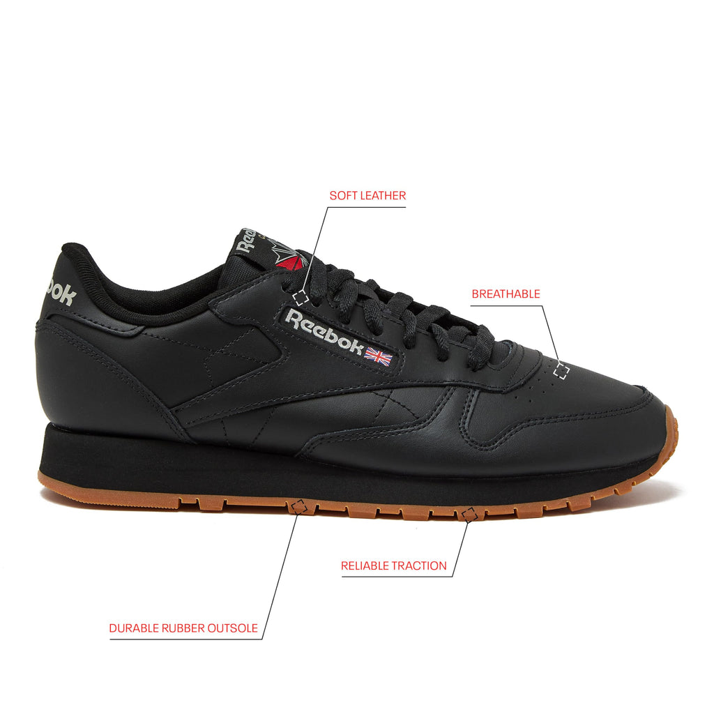 Reebok Classic Leather Sneakers for Men - Black or White Tennis Mens Shoes, Core Black/Pure Grey5/Reebok Gum3, 7