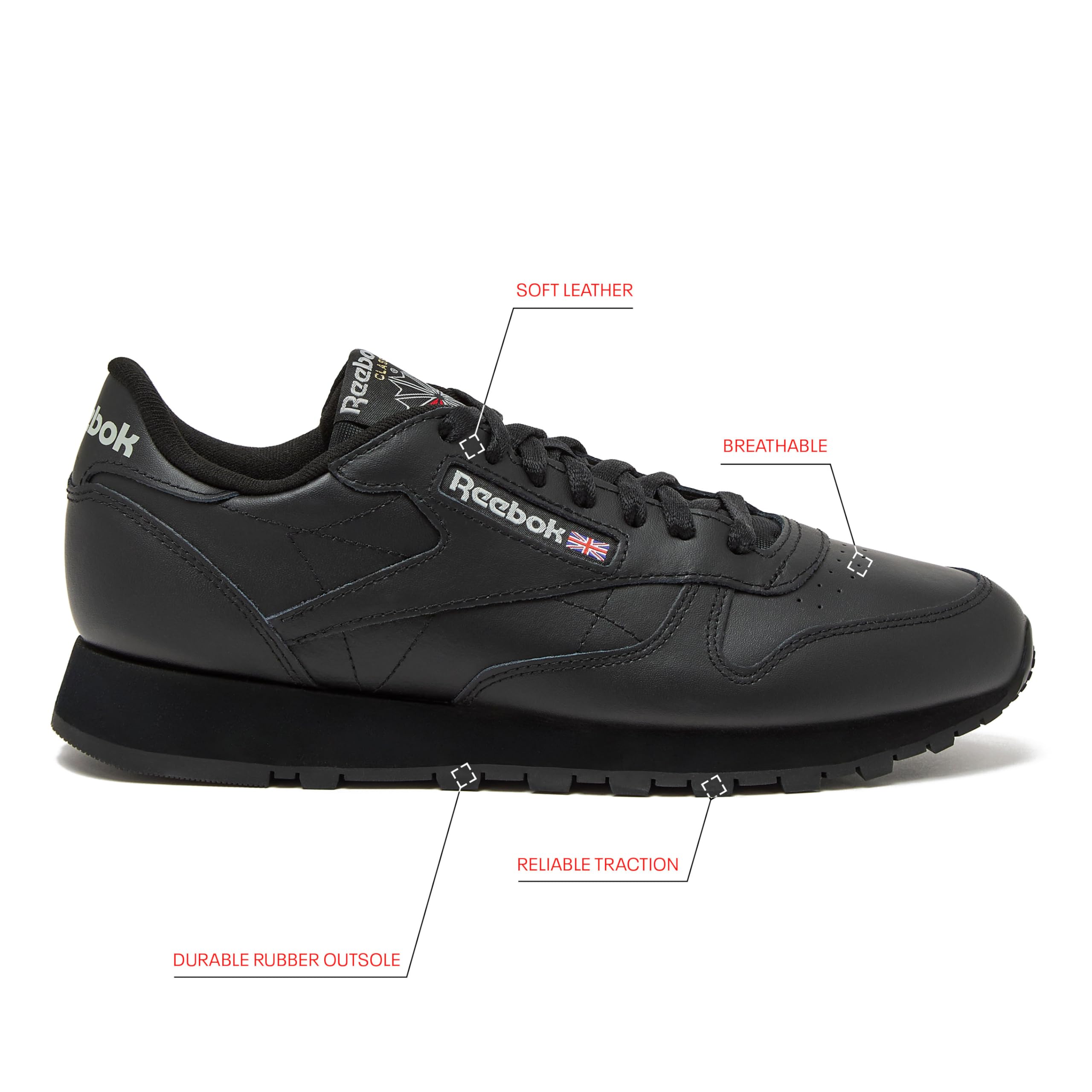 Reebok Classic Leather Sneakers for Men - Black or White Tennis Mens Shoes, Core Black/Core Black/Pure Grey5, 12