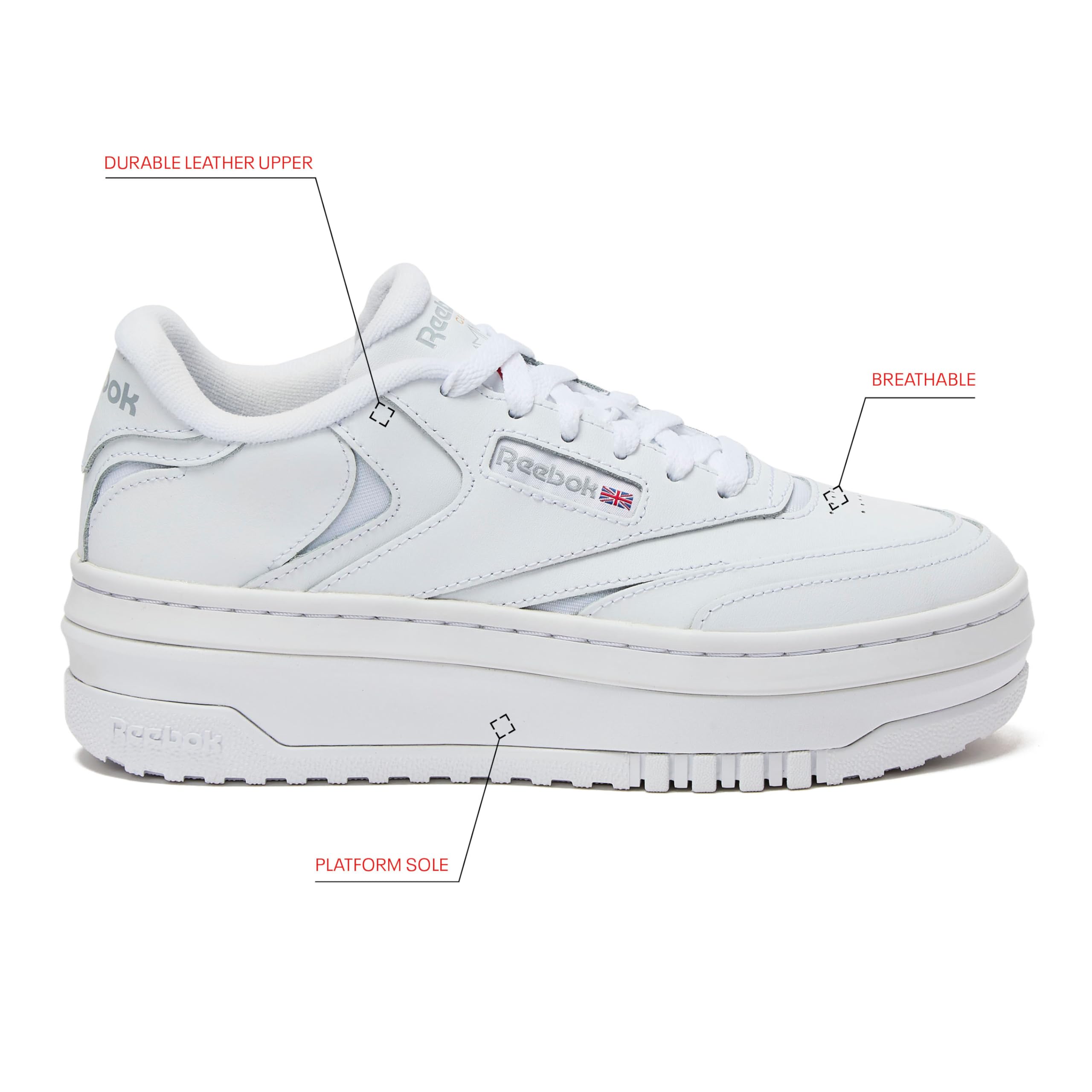 Reebok Club C Extra Platform Sneakers for Women, White Casual Tennis Women's Fashion Sneakers, Womens Shoes Size 5 to 11, Ftwwht/Ftwwht/Pugry3, 10.5 Medium