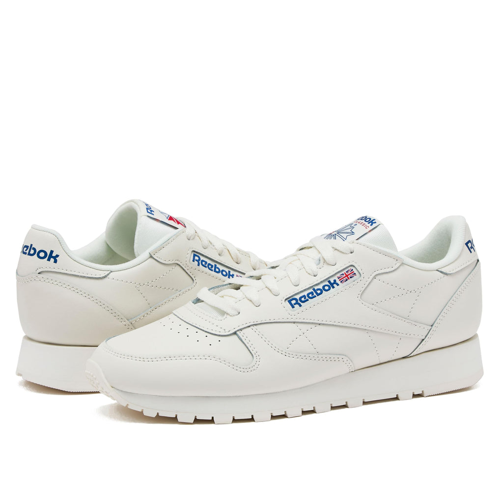 Reebok Classic Leather Sneakers for Men - Black or White Tennis Mens Shoes, Chalk/Vector Blue/Vector Red, 18