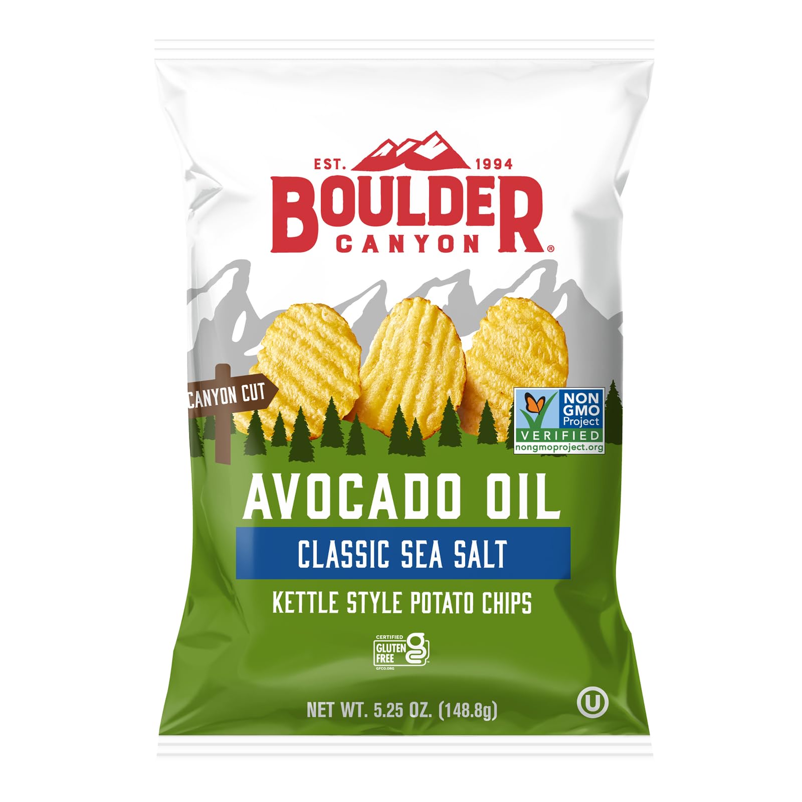 Boulder Canyon Classic Sea Salt Flavored Potato Chips, Made With Avocado Oil, Canyon Cut, Gluten Free, 5.25 Ounces (Pack Of 12)