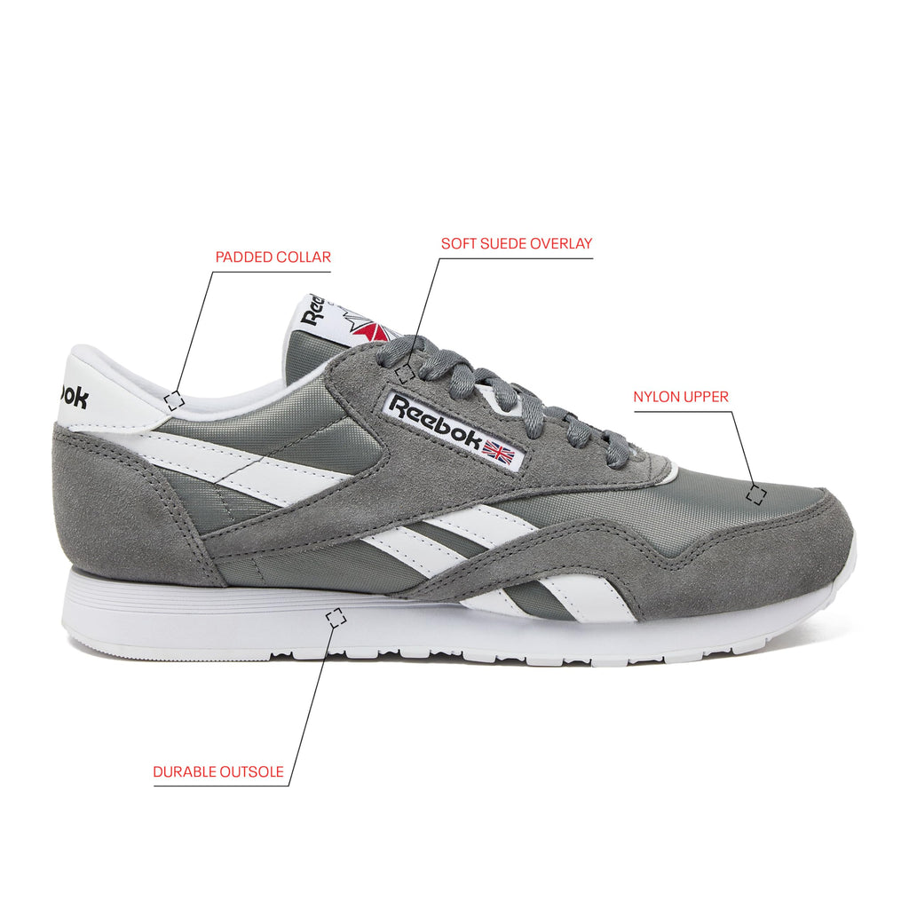 Reebok Classic Nylon Mens Sneakers Tennis Shoes, Pure Grey5/Footwear White/Footwear White, 10.5