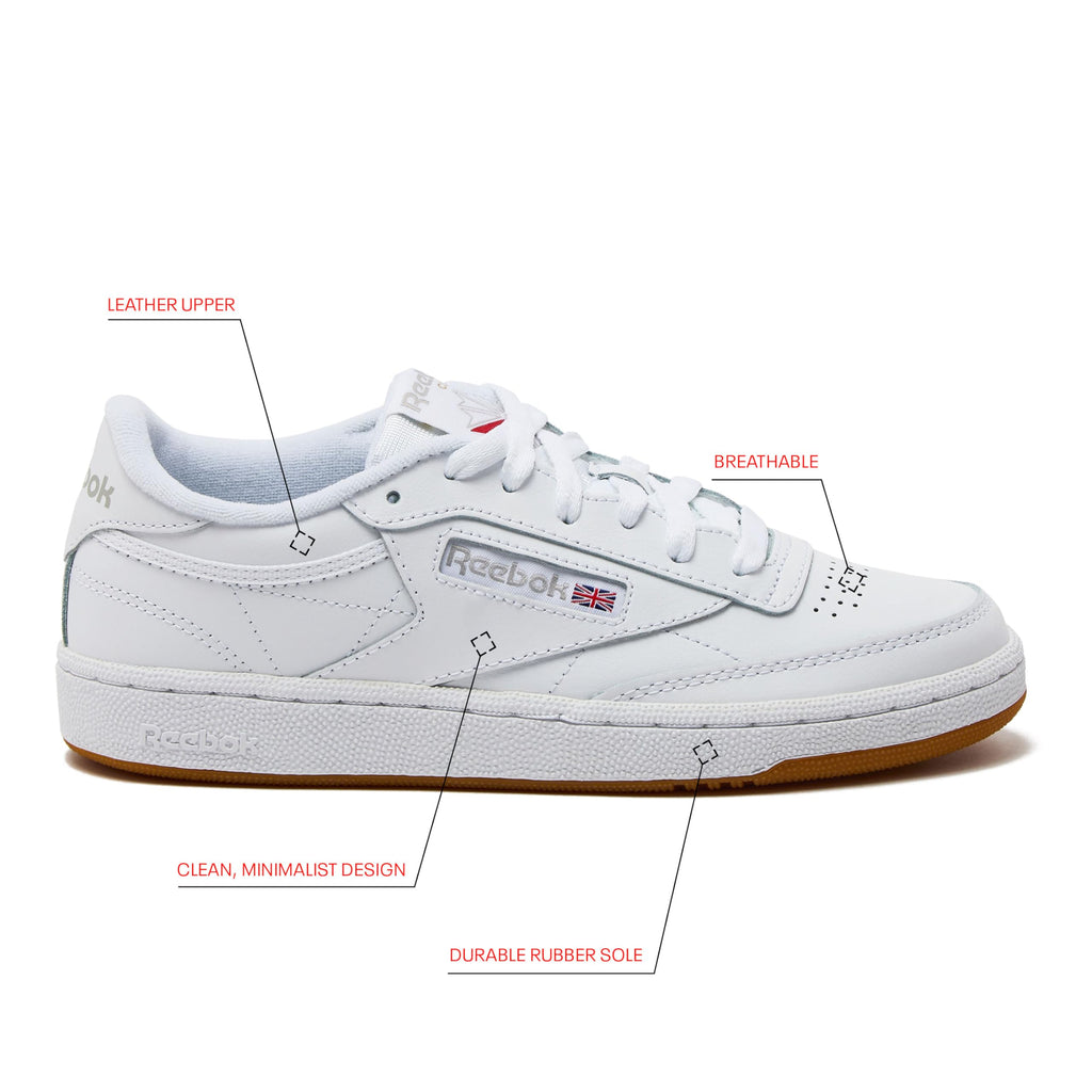Reebok Club C 85 Tennis Shoes for Women - White Womens Sneakers, White/Light Grey/Gum, 6