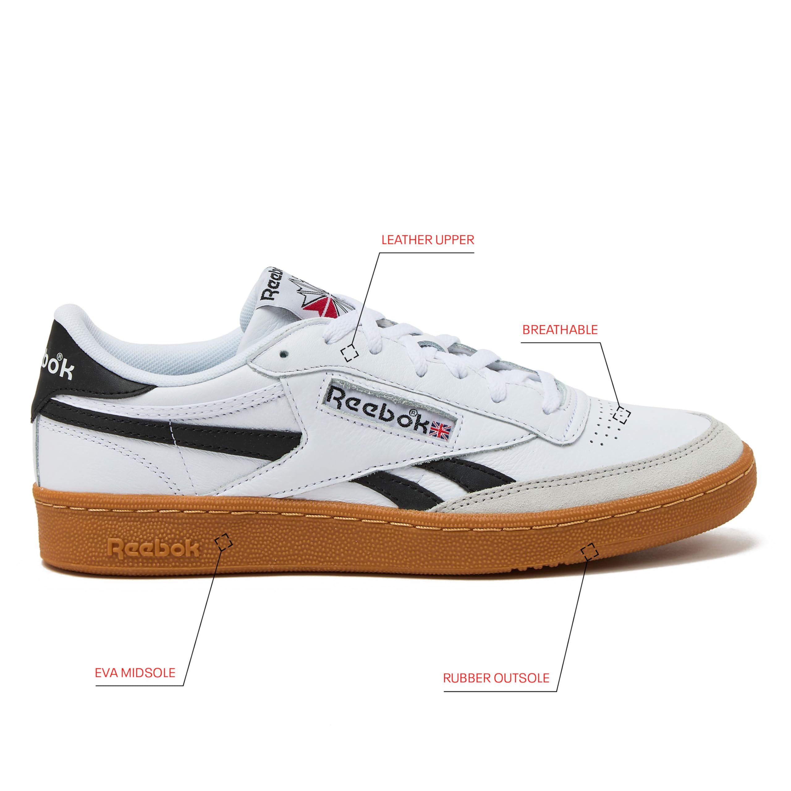 Reebok Club C Revenge Vintage Sneakers for Men - Casual Tennis Mens Shoes, White/Black/Gum, 7