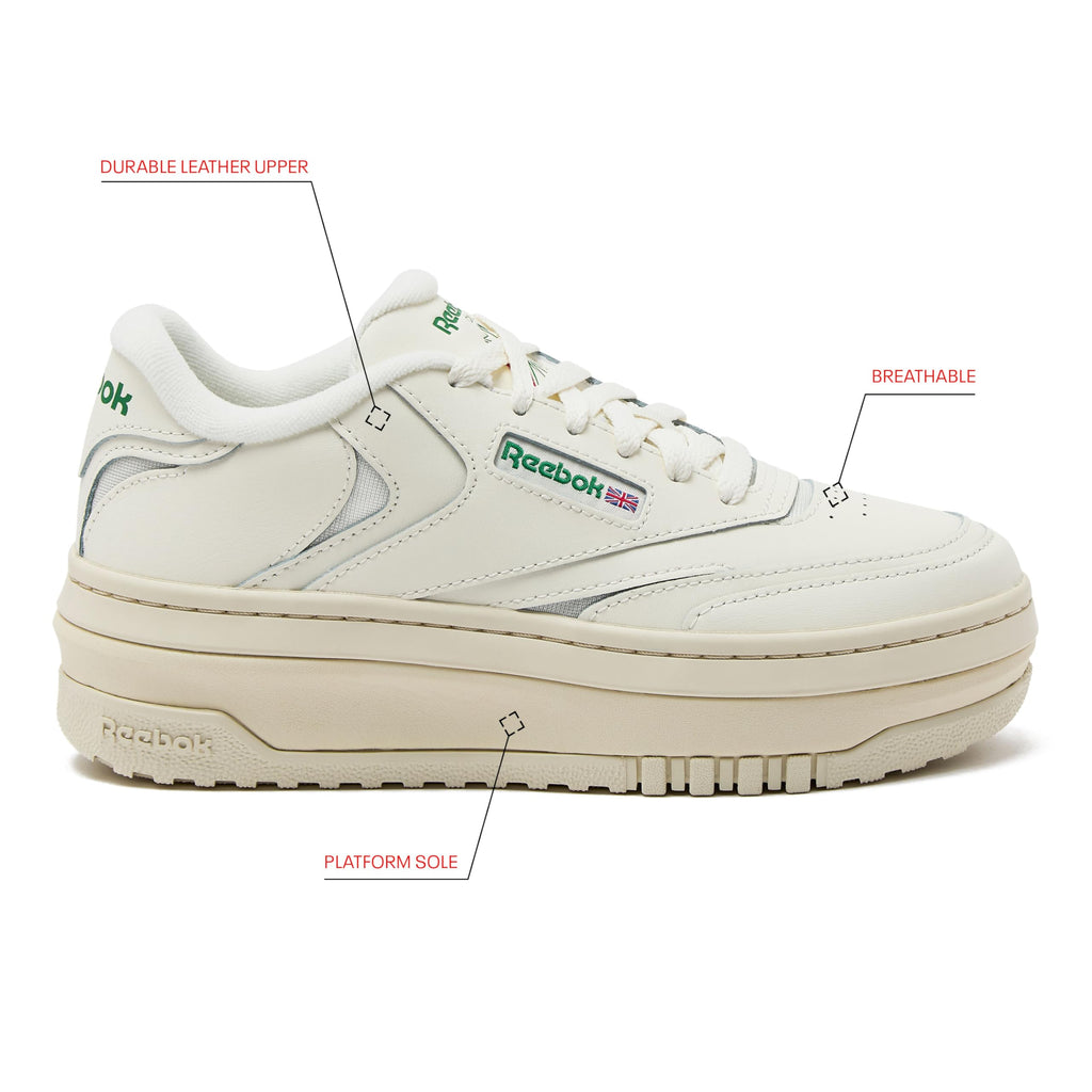 Reebok Club C Extra Platform Sneakers for Women, White Casual Tennis Women's Fashion Sneakers, Womens Shoes Size 5 to 11, Chalk/Chalk/Glen Green, 8 Medium