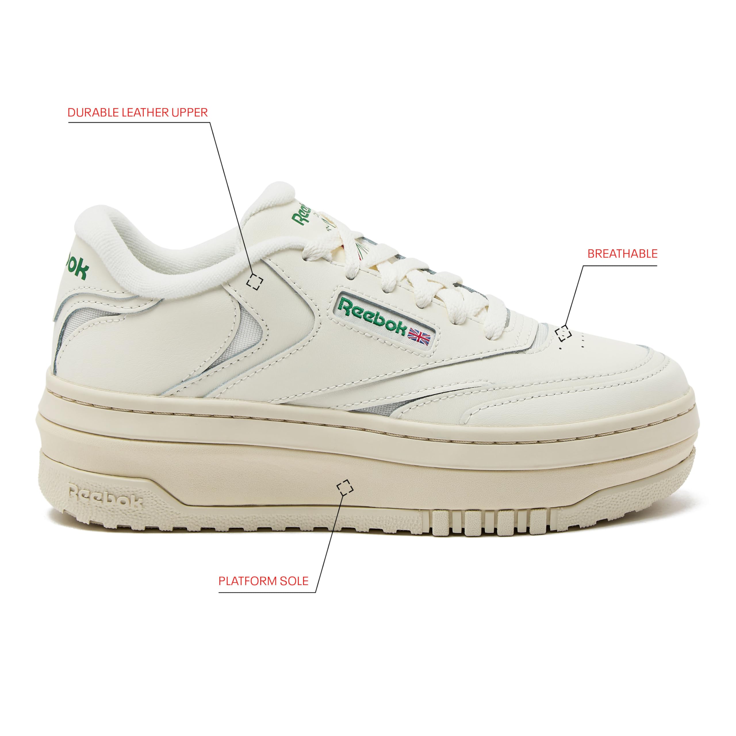 Reebok Club C Extra Platform Sneakers for Women, White Casual Tennis Women's Fashion Sneakers, Womens Shoes Size 5 to 11, Chalk/Chalk/Glen Green, 8 Medium