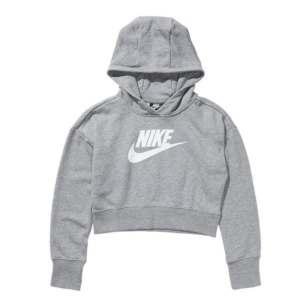 Nike Girl's Sportswear Club Fleece Crop Hoodie (Little Kids/Big Kids) Carbon Heather/White M (10-12 Big Kid)
