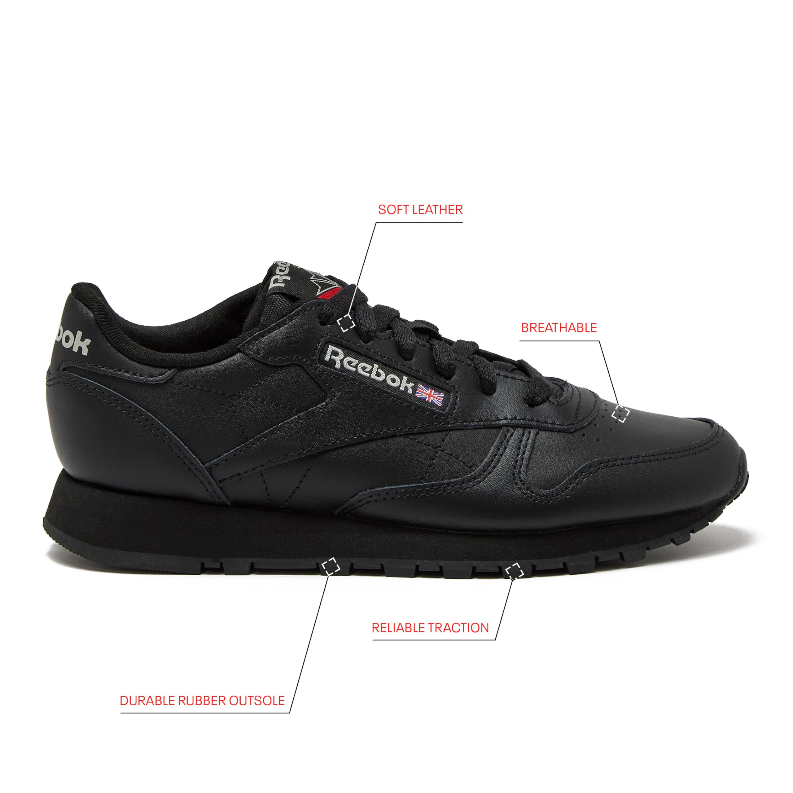 Reebok Classic Leather Sneakers for Women - Black or White Tennis Shoes Womens Size 5 to 12, Core Black/Core Black/Pure Grey5, 7
