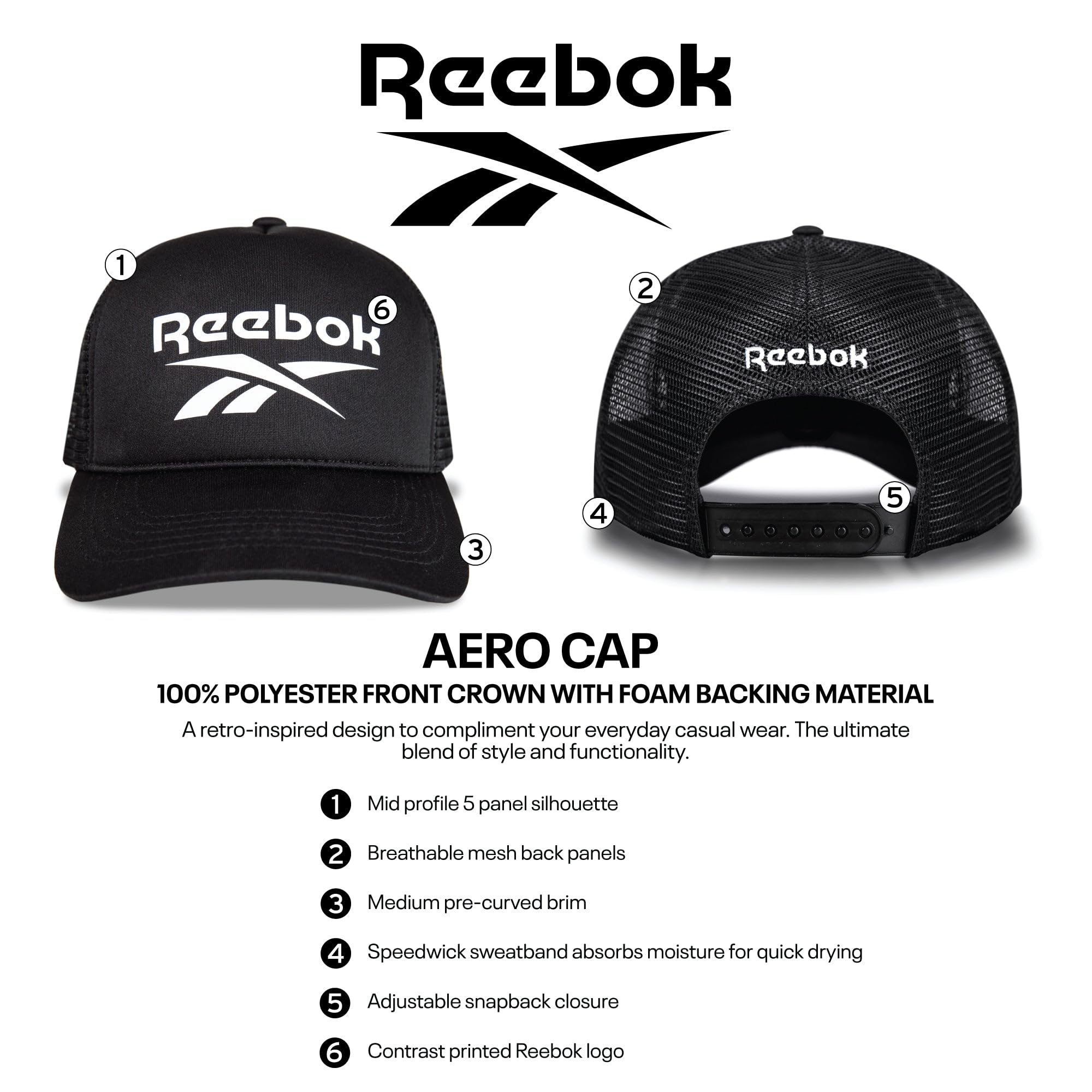 Reebok Aero Trucker Hat | Snapback | Adjustable | Mesh Back | Retro | Baseball | Streetwear | Urban | Lifestyle - White