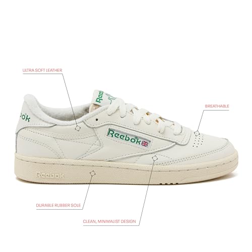Reebok Club C 85 Vintage Tennis Sneakers for Women, Casual White Womens Shoes, Size 5 to 11 - Chalk/Alabaster/Glen Green, 9 Medium