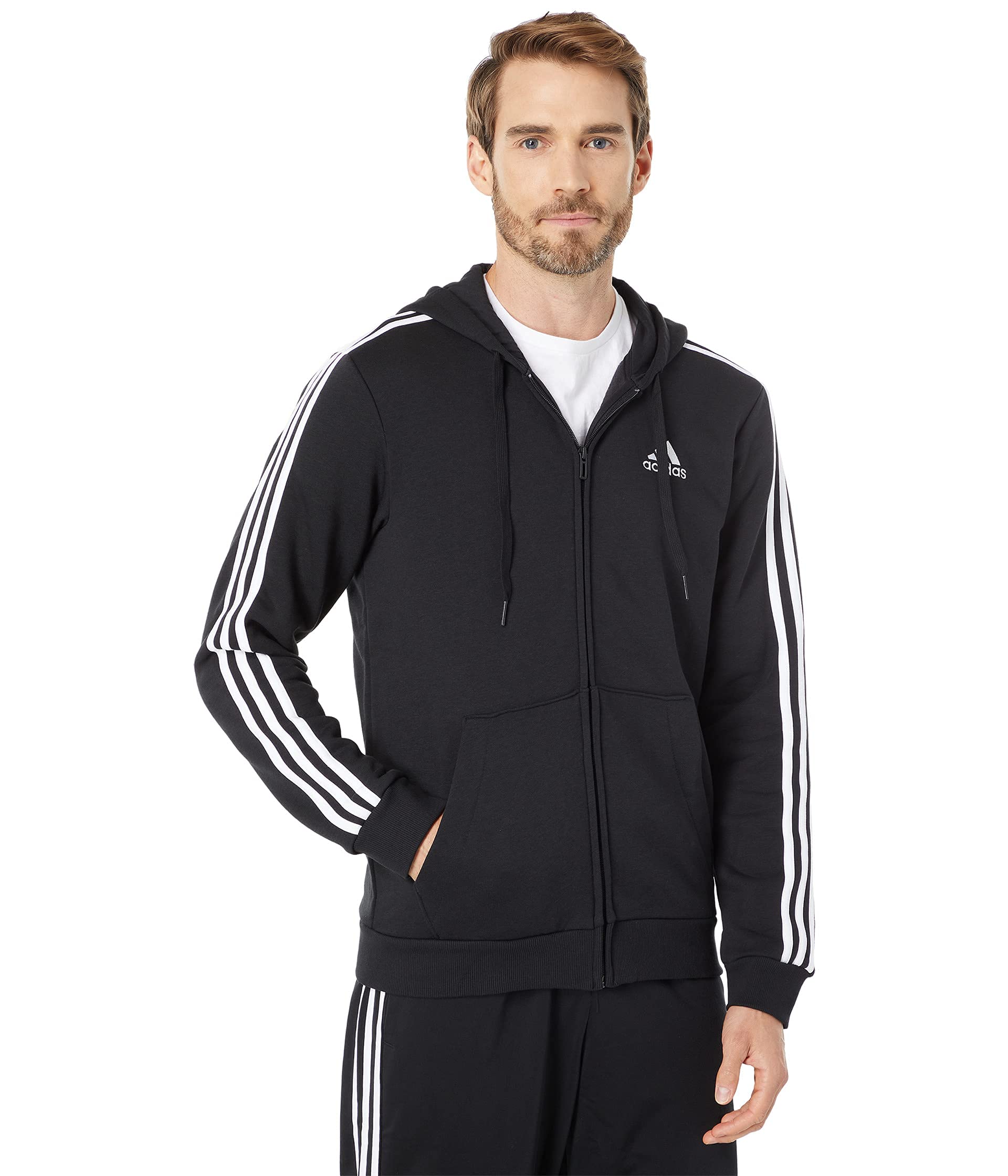 adidas Men's Essentials Fleece 3-Stripes Full-Zip Hoodie, Black, Small
