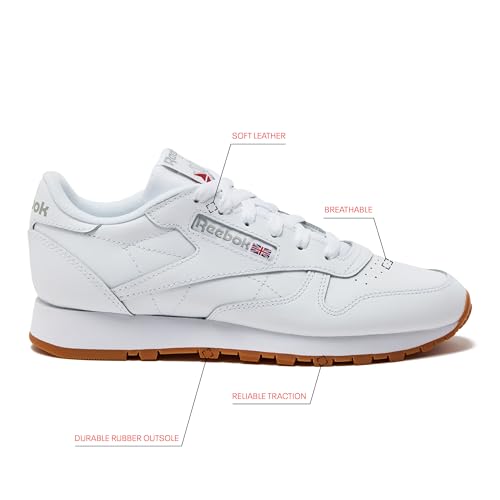 Reebok Classic Leather Sneakers for Women - Black or White Tennis Shoes Womens Size 5 to 12, Footwear White/Pure Grey3/Reebok Gum3, 7