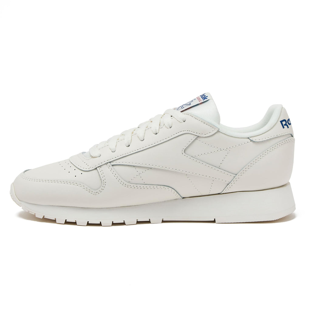 Reebok Classic Leather Sneakers for Men - Black or White Tennis Mens Shoes, Chalk/Vector Blue/Vector Red, 8.5