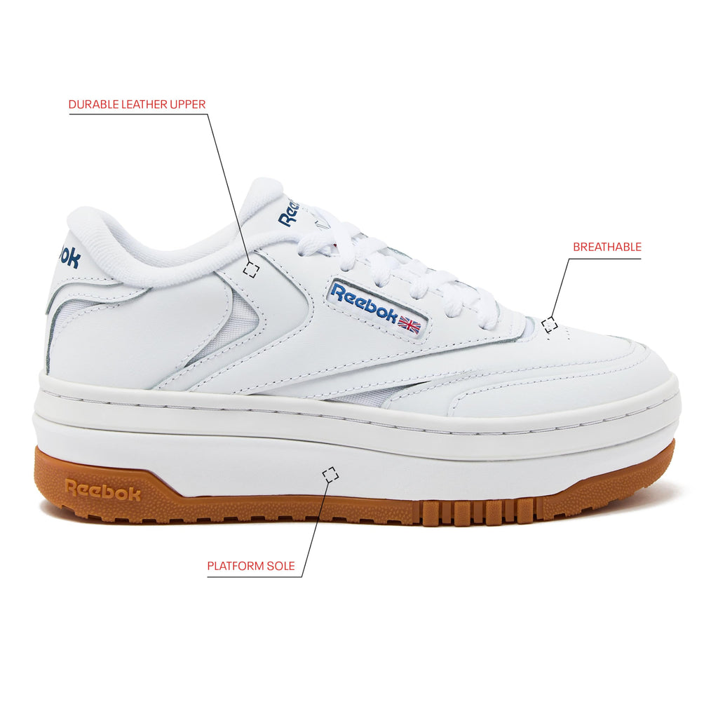 Reebok Club C Extra Platform Sneakers for Women, White Casual Tennis Women's Fashion Sneakers, Womens Shoes Size 5 to 11, FTWR White/FTWR White/Vector Blue, 9.5 Medium