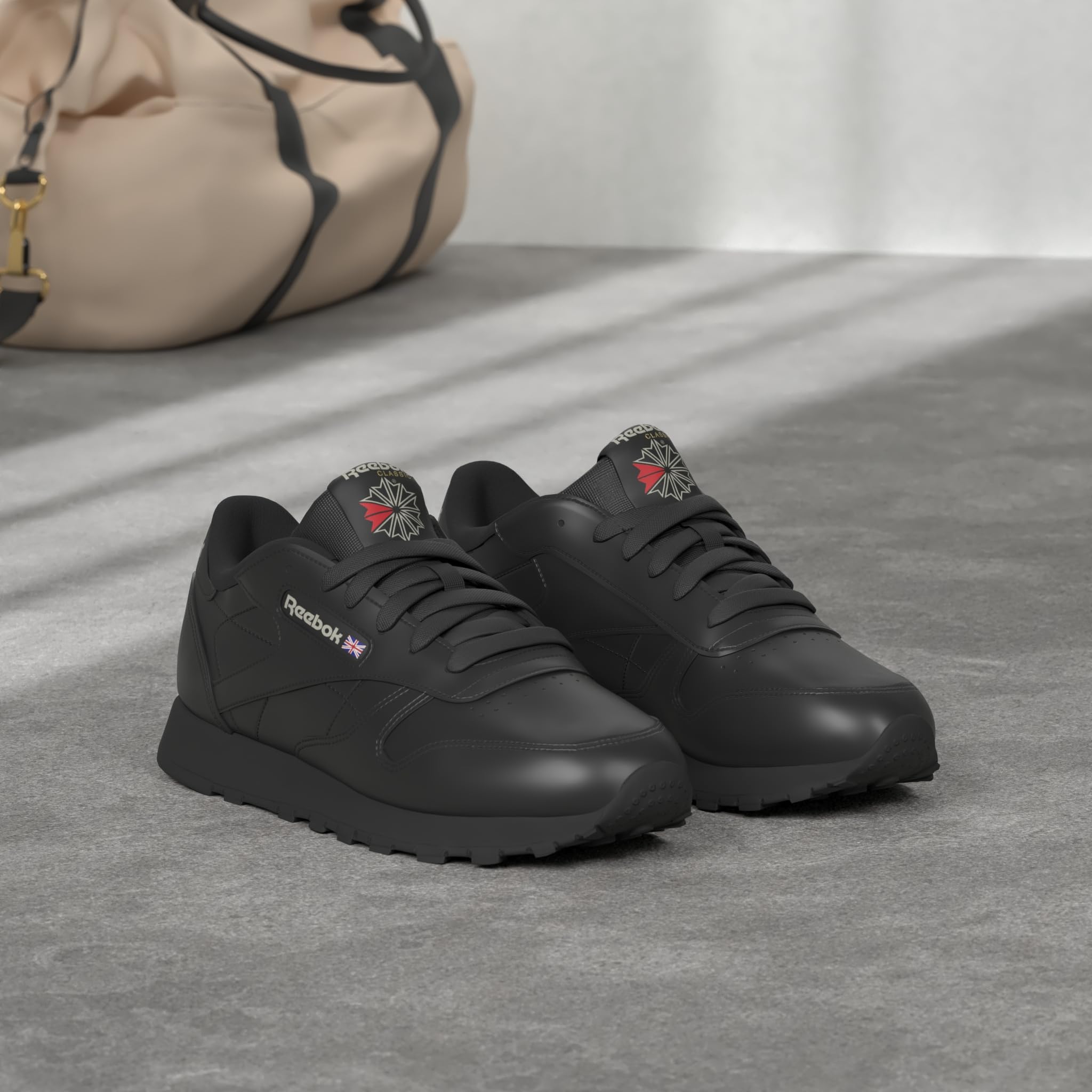 Reebok Classic Leather Sneakers for Men - Black or White Tennis Mens Shoes, Core Black/Core Black/Pure Grey5, 7.5