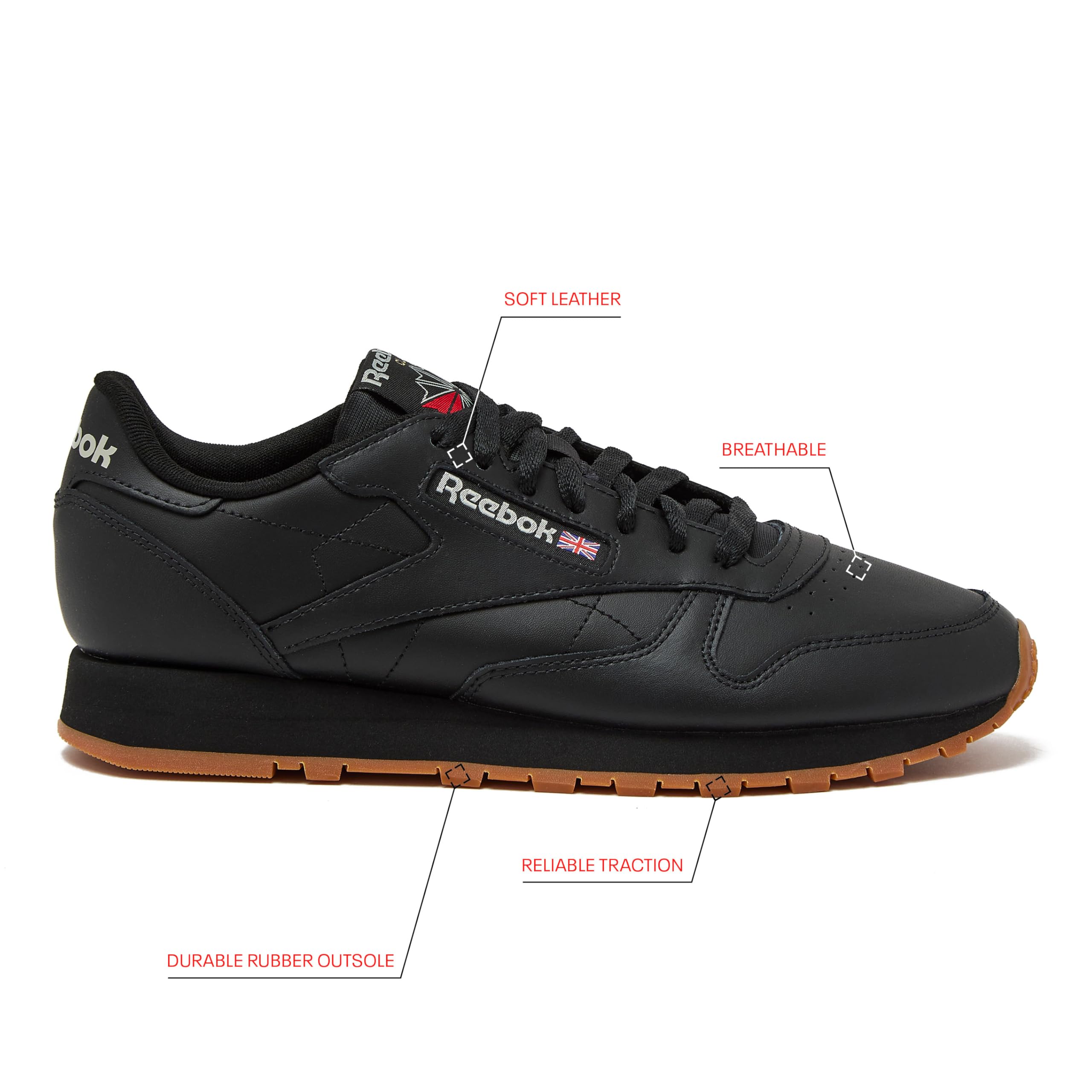 Reebok Classic Leather Sneakers for Men - Black or White Tennis Mens Shoes, Core Black/Pure Grey5/Reebok Gum3, 9.5