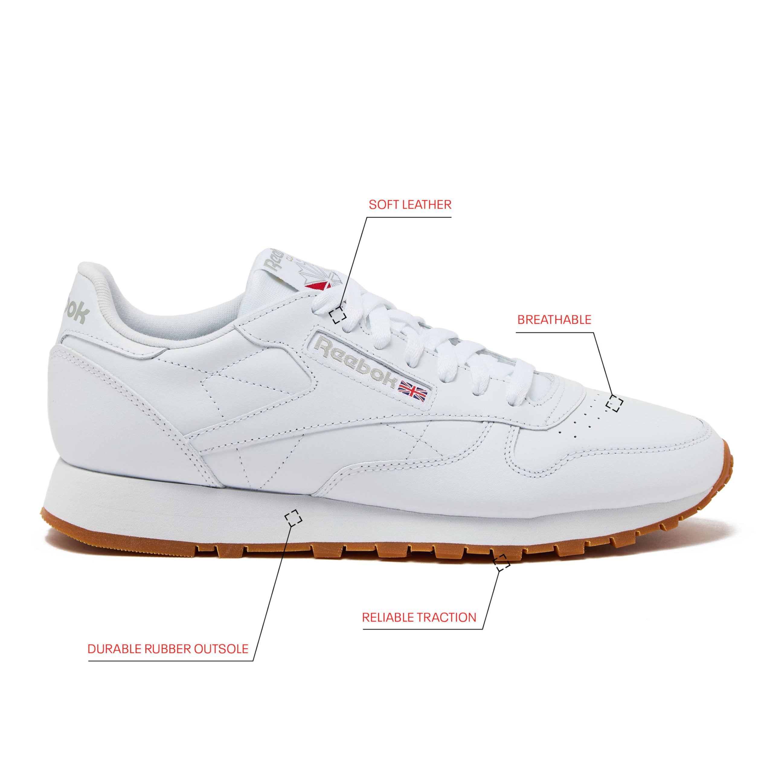 Reebok Classic Leather Sneakers for Men - Black or White Tennis Mens Shoes, Footwear White/Pure Grey3/Reebok Gum3, 18.5