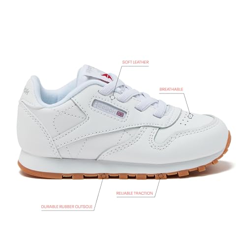 Reebok Classic Leather Girls & Boys Shoes for Kids, Toddler, Little Kid or Big Kid Sneakers, White/Gum, 6 Toddler