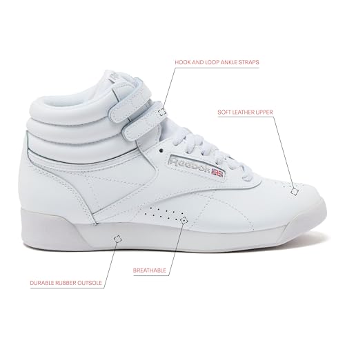 Reebok Women's Freestyle Hi High Top Sneakers for Women, Black or White Basketball and Tennis Shoes Womens Size 5-12, White/Silver, 6.5