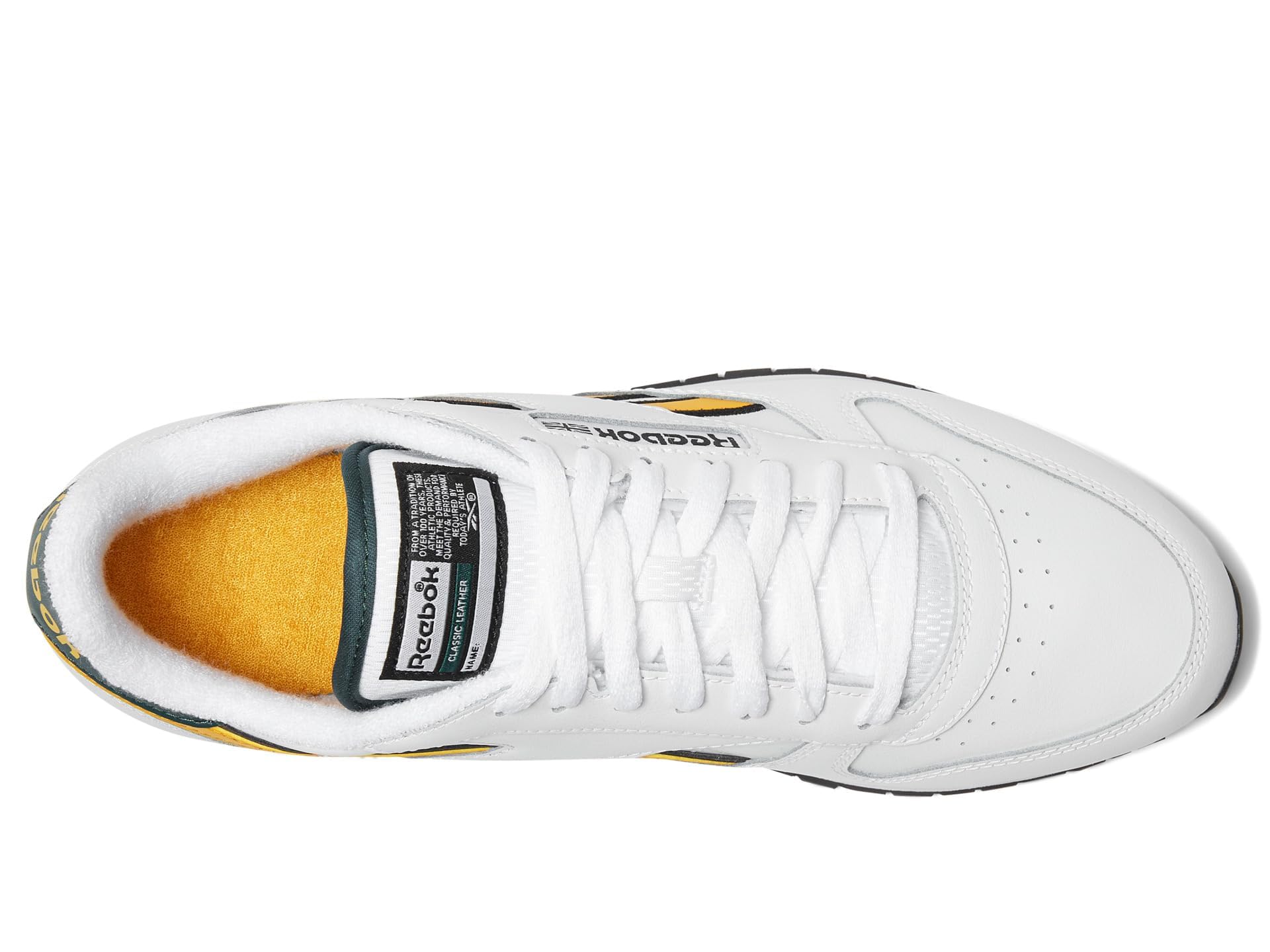 Reebok Unisex Classic Leather Sneaker, White/Fierce Gold/Collegiate Green, 12.5 Women/11 Men