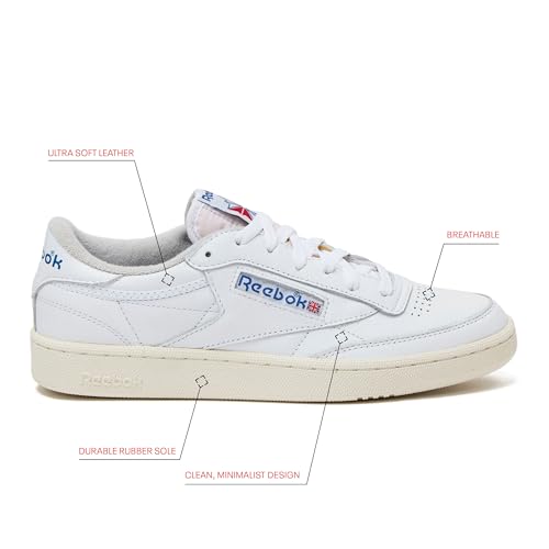 Reebok Club C Vintage Tennis Sneakers for Men, Casual White Mens Shoes, Size 7 to 15, White/Chalk/Vector Blue, 10.5