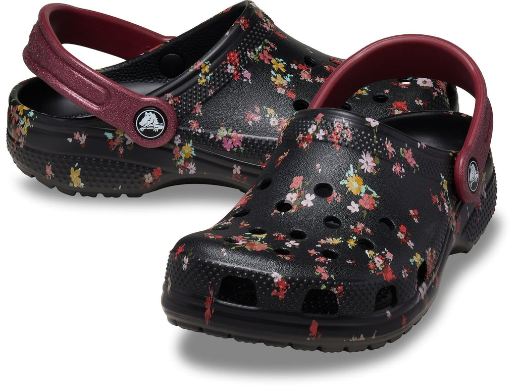 Crocs Kids Unisex Classic Graphic Clogs (Little Kid/Big Kid) Black/Multi Ditsy Floral 3 Medium