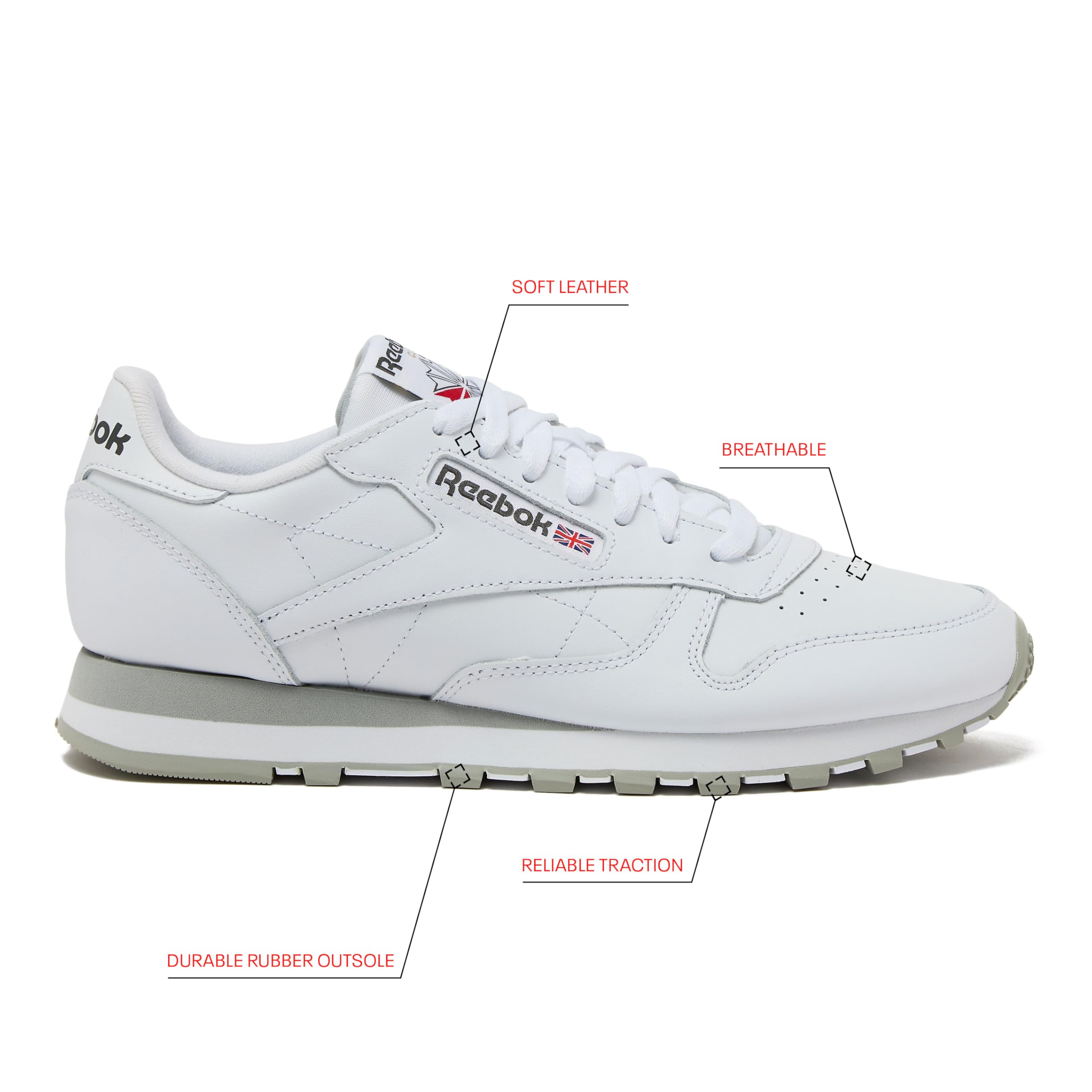Reebok Classic Leather Sneakers for Men - Black or White Tennis Mens Shoes, Footwear White/Pure Grey3/Pure Grey, 18