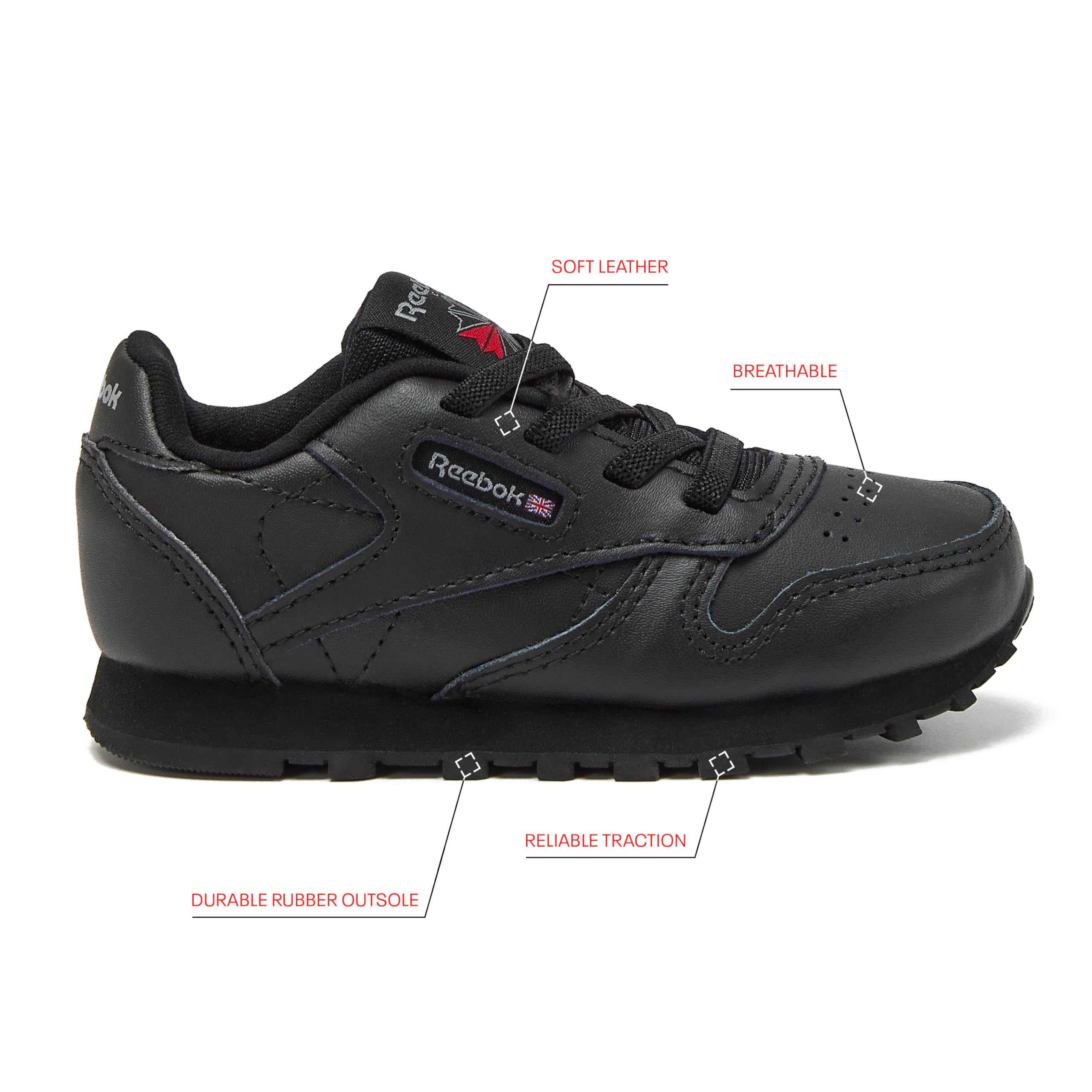 Reebok Classic Leather Girls & Boys Shoes for Kids, Toddler, Little Kid or Big Kid Sneakers, Black, 8 Toddler